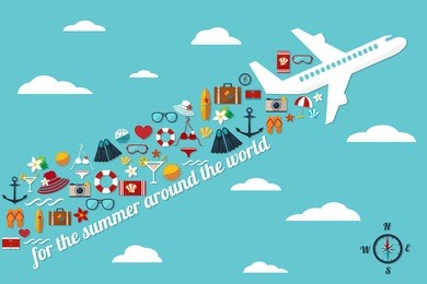 abstract illustration with airplane in the blue sky with fall summer things and slogan "for the summer around the world" vector card template
