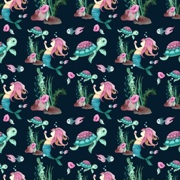 watercolor hand painted seamless pattern with cute little mermaid, sea turtle,corals, seaweed, flowers, shells, fish