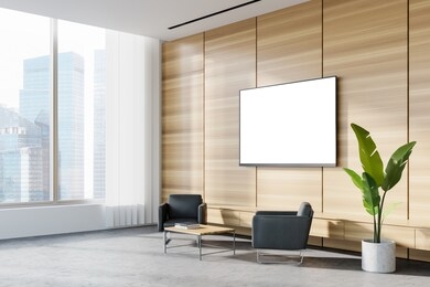 corner of panoramic corporate office waiting room with white and wooden walls, concrete floor, two comfortable gray armchairs and tv with mock up screen. blurry cityscape. 3d rendering