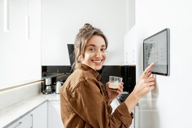 portrait of a young woman controlling kitchen appliances with a digital tablet on the wall with launched smart home application. smart home concept