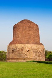 dhamekh stupa on green grass in sarnath, india