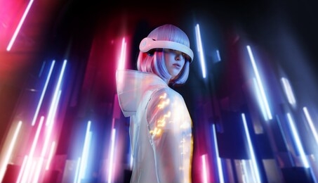 beautiful woman with purple hair in futuristic costume over neon light background. girl in glasses of virtual reality. augmented reality game, future technology, ai concept. vr.