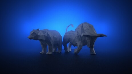 the bull and the bear on the blue backlight. 3d illustration.