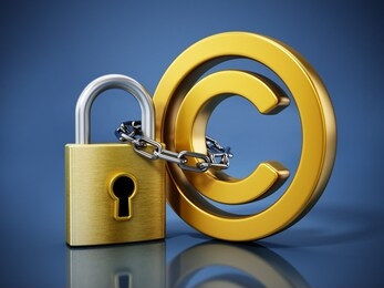 padlock chained to copyright symbol. 3d illustration.