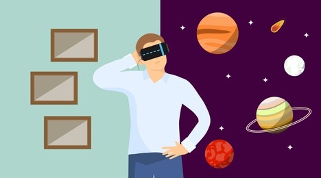 the virtual reality. a man in a virtual reality helmet fell into space and looks at the planets. vector illustration of a virtual reality banner. vector.