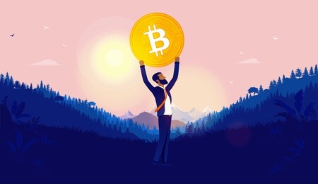 minority bitcoin freedom - african american man standing in open landscape holding coin over his head and sunrise in background. cryptocurrency independence and hope concept. vector illustration.