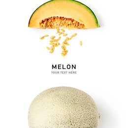 fresh melon fruit creative layout isolated on white background. healthy eating and dieting food concept. cantaloupe melon summer fruits composition and design elements. top view, flat lay