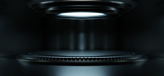 empty light blue studio room futuristic sci fi big hall room with lights blue, future background for design,3d rendering