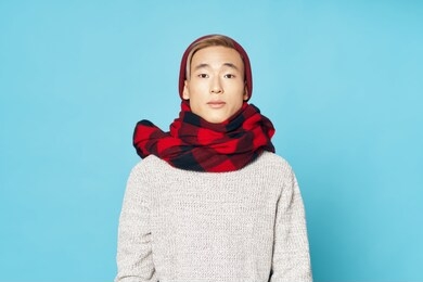 a man of asian appearance fashion lifestyle checkered cool scarf