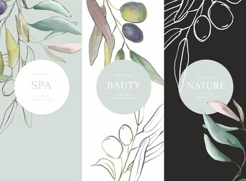 oliva banner. leaves and green and black olives fruit. black. white. green