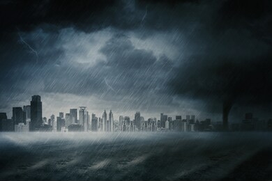 heavy rainstorm with cloudy sky and skyscrapers view in the city