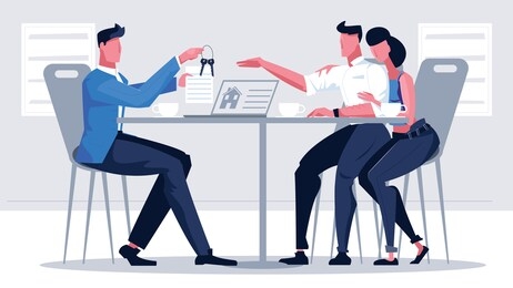 mortgage credit bank flat composition with people at table with agent giving apartment keys to clients vector illustration