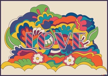 psychedelic art love poster, 1960s hippie style 