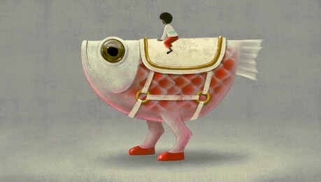surreal animal character design, a boy riding cute fish monster, isolated , imagination of child concept, fantasy art, dreamlike illustration