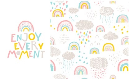 rainbow pattern and lettering phrase to it. enjoy every moment. vector hand-drawn cartoon illustration in scandinavian style in a pastel palette. ideal for baby clothes, textiles, packaging.