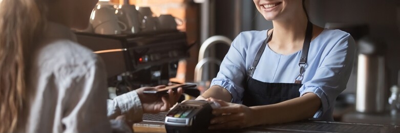 customer stand near bar counter pay bill using cell application and pos machine. mobile payment apps advertisement, smartphone is your wallet concept. horizontal photo banner for website header design