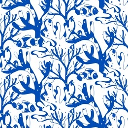 simple trendy seamless  blue contour pattern with clown fish and coral. flat vector illustration.