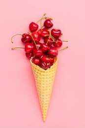 fresh cherries in waffle cones ice cream cone filled with fresh sweet cherry on pastel pink background. top view. copy space. summer creative concept flat lay healthy food