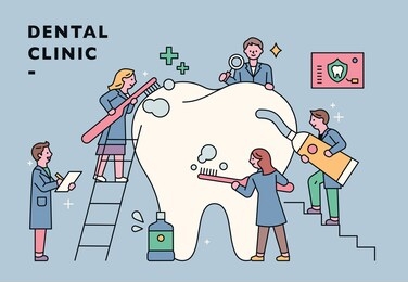 small dentist characters are treating huge teeth.  flat design style minimal vector illustration.