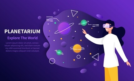 planetarium concept - explore the world - with a person wearing 3d goggles reaching out to planets and stars in the galaxy, colored vector illustration