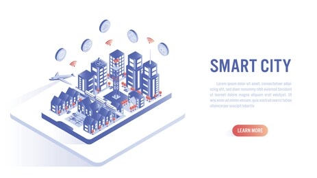 smart city on mobile isometric flat vector concept. building automation with computer networking illustration. internet of thing platform as future technology.