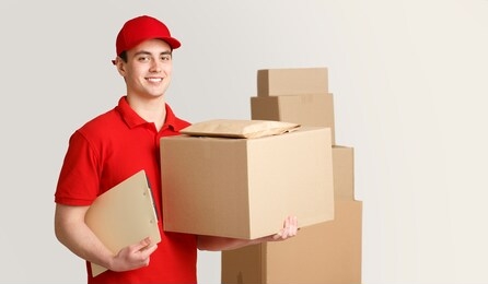 courier and package in warehouse. smiling deliveryman holding big box and tablet under his arm near stack of parcels, panorama, studio shot