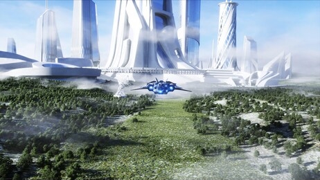 futuristic ship and city. future concept. aerial view. 3d rendering.