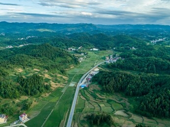 overlooking the rural green countryside and river, shaoyang, hunan, china。