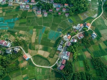 overlooking the rural green countryside and river, shaoyang, hunan, china。