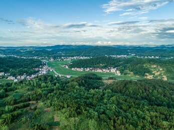 overlooking the rural green countryside and river, shaoyang, hunan, china。