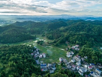 overlooking the rural green countryside and river, shaoyang, hunan, china。