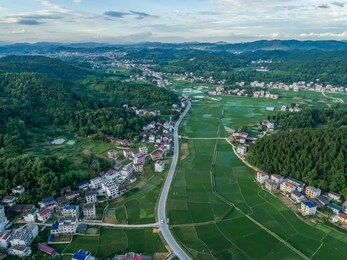 overlooking the rural green countryside and river, shaoyang, hunan, china。