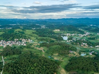overlooking the rural green countryside and river, shaoyang, hunan, china。