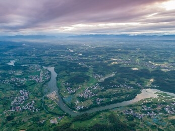 overlooking the rural green countryside and river, shaoyang, hunan, china。