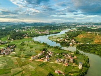 overlooking the rural green countryside and river, shaoyang, hunan, china。