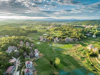 overlooking the rural green countryside and river, shaoyang, hunan, china。
