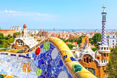 barcelona, spain - july 19: ceramic mosaic park guell on july 19, 2013 in barcelona, spain. park guell is the famous architectural town art designed by antoni gaudi and built in the years 1900 to 1914