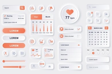 user interface elements for fitness workout mobile app. fitness tracker, sport activity planner, heart rate monitor gui templates. unique neumorphic ui ux design kit. manage and navigation components.