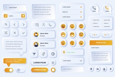 user interface elements for social network mobile app. online people communication, chatting and messaging gui templates. unique neumorphic ui ux design kit. navigation and texting form and components