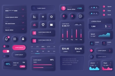 user interface elements for cryptocurrency mobile app. cryptocurrency mining, exchange and stock trading gui templates. unique neumorphic ui ux design kit. manage, navigation and analytics components