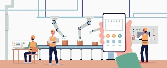 warehouse workers controlling automated robotic line via computer device, flat vector illustration. advanced logistics technology for warehousing and stocking.