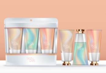 vector pastel abstract printed hand cream trio set in clear & white packet, silver liner.