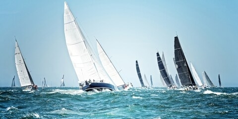 sailing ships race. beautiful sailboats under sail on a cruise regatta. travel and tourism at sea