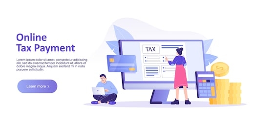 online tax payment concept. young people filling application for tax form statement. online tax submitting system. landing or homepage template. isolated modern vector illustration for web banner