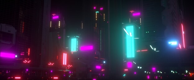 night city lights. neon urban future. futuristic city in a cyberpunk style. photorealistic 3d illustration. futuristic skyscrapers with huge luminous billboards.
