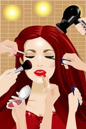 a vector illustration of many hands applying makeup on a woman head