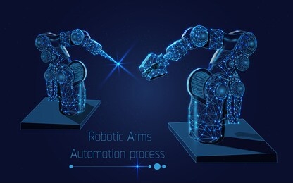 automated robotic arm, mechanical hands. industrial robot manipulator. modern industrial technology. illustration, dark blue background, vector illustration, plexus,triangle,low poly,dot,wireframe