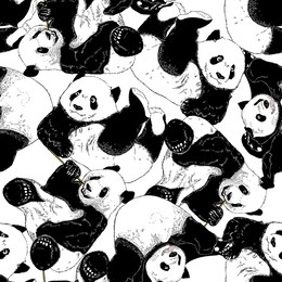 seamless pattern with a cartoon young pandas very close to each other. vector black and white illustration.