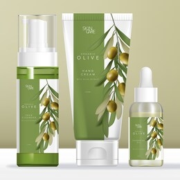 vector olive oil beauty packaging set with transparent foam bottle,glass dropper bottle & tube. olive illustration printed. 