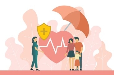 family health insurance flat vector concept. parents with child taking policy from agent or insurance company manager. life safety and medical care guarantee.